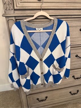 Blue & White Argyle V-Neck Cardigan